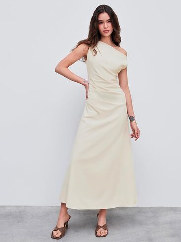 CIDER Asymmetrical Neck Solid Ruched Maxi Dress in Saudi Arabia