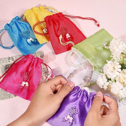 CHGCRAFT 6Pcs 6 Colors Traditional Korean Pouch Embroidered Drawstring Bags Rectangle Cloth Packing Pouches for Wedding Candy Jewelry Bags in Saudi Arabia