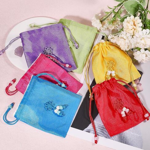 CHGCRAFT 6Pcs 6 Colors Traditional Korean Pouch Embroidered Drawstring Bags Rectangle Cloth Packing Pouches for Wedding Candy Jewelry Bags in Saudi Arabia