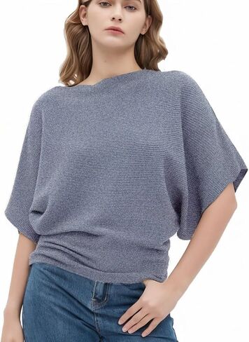 سترة نسائية من HIGO FASHION بأكمام قصيرة كبيرة الحجم ورقبة على شكل قارب سترة خريفية بدون أكمام وسترات منسوجة باللون الرمادي in Kuwait