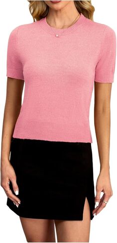 Women's Crew Neck Short Sleeve Knit Pullover Sweater Dressy Casual Tops in Saudi Arabia