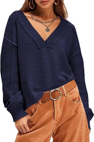 UNCLECAT Women's V Neck Sweaters 2025 Long Sleeve Fall Sweaters Casual Knit Trendy Pullover Tops in Kuwait