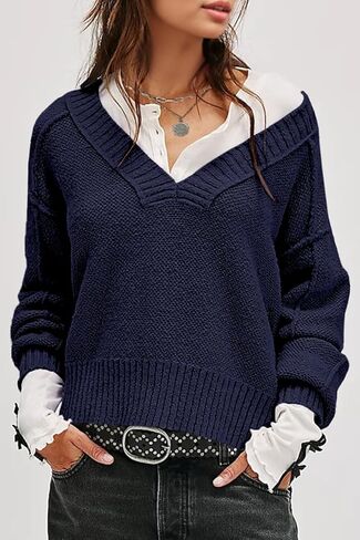 UNCLECAT Women's V Neck Sweaters 2025 Long Sleeve Fall Sweaters Casual Knit Trendy Pullover Tops in Kuwait