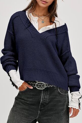 UNCLECAT Women's V Neck Sweaters 2025 Long Sleeve Fall Sweaters Casual Knit Trendy Pullover Tops in Kuwait