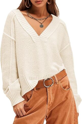 UNCLECAT Women's V Neck Sweaters 2025 Long Sleeve Fall Sweaters Casual Knit Trendy Pullover Tops in Kuwait