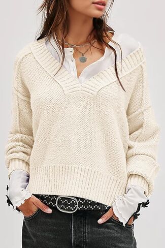 UNCLECAT Women's V Neck Sweaters 2025 Long Sleeve Fall Sweaters Casual Knit Trendy Pullover Tops in Kuwait