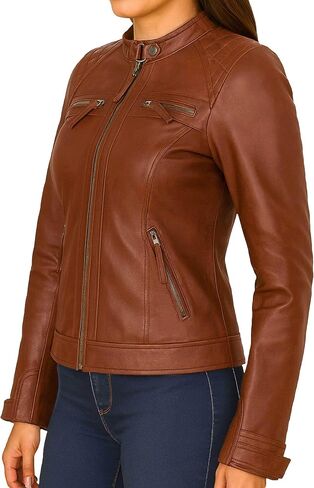 سترة J'Jackin Real Lambskin النسائية Cafe Racer - سترة جلدية مبطنة للسيدات للدراجات النارية in Kuwait