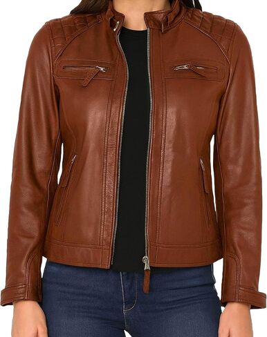 سترة J'Jackin Real Lambskin النسائية Cafe Racer - سترة جلدية مبطنة للسيدات للدراجات النارية in Kuwait