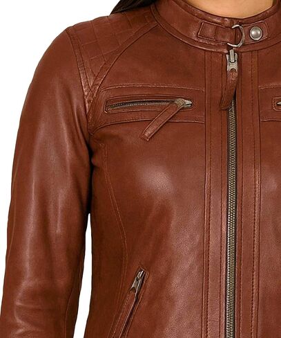 سترة J'Jackin Real Lambskin النسائية Cafe Racer - سترة جلدية مبطنة للسيدات للدراجات النارية in Kuwait