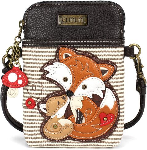 CHALA Woodland Animal Collection Cell Phone Crossbody Purse-Women PU Leather/Canvas Multicolor Handbag with Adjustable Strap - Fox Family - brown stripe in Saudi Arabia