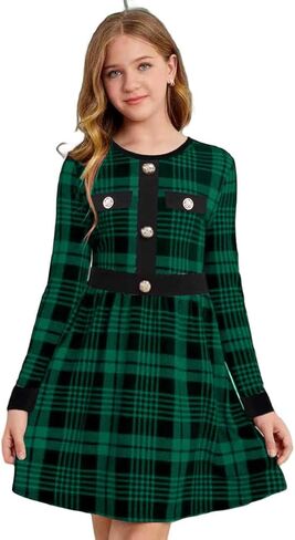 Teen Girls' Casual Long Sleeve Buffalo Plaid Patchwork Belted A-Line Dresses with Pockets for Girls 6-12 Years in Kuwait