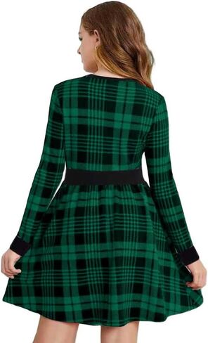Teen Girls' Casual Long Sleeve Buffalo Plaid Patchwork Belted A-Line Dresses with Pockets for Girls 6-12 Years in Kuwait