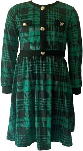 Teen Girls' Casual Long Sleeve Buffalo Plaid Patchwork Belted A-Line Dresses with Pockets for Girls 6-12 Years in Kuwait