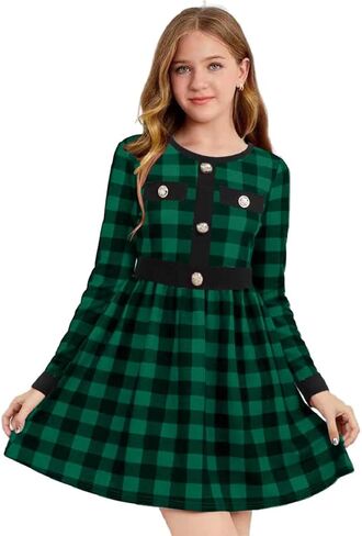 Teen Girls' Casual Long Sleeve Buffalo Plaid Patchwork Belted A-Line Dresses with Pockets for Girls 6-12 Years in Kuwait