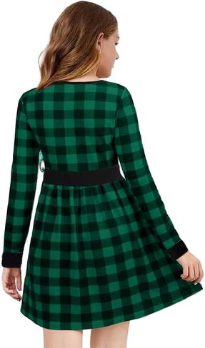 Teen Girls' Casual Long Sleeve Buffalo Plaid Patchwork Belted A-Line Dresses with Pockets for Girls 6-12 Years in Kuwait