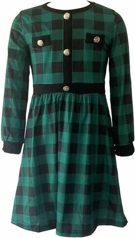 Teen Girls' Casual Long Sleeve Buffalo Plaid Patchwork Belted A-Line Dresses with Pockets for Girls 6-12 Years in Kuwait
