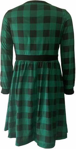 Teen Girls' Casual Long Sleeve Buffalo Plaid Patchwork Belted A-Line Dresses with Pockets for Girls 6-12 Years in Kuwait