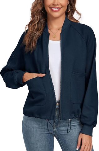 سترة Anienaya النسائية خفيفة الوزن كاجوال بياقة واقفة وسحّاب ورباط، معطف أنيق مع جيوب in Kuwait