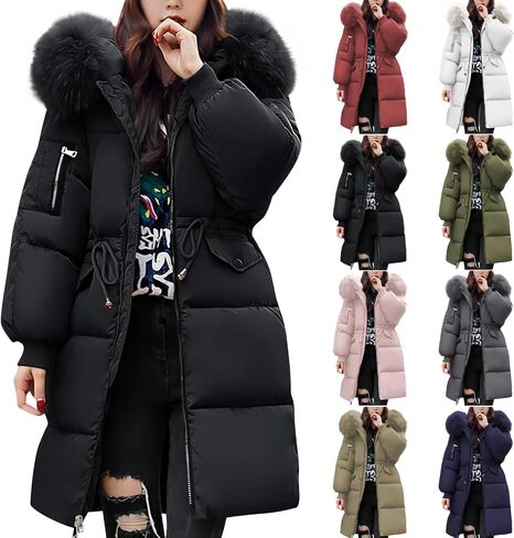 Womens Winter Warm Puffer Coat Thicken Fleece Lined Down Jacket Faux Fur Hooded Parka Padded Jacket with Pockets in Saudi Arabia