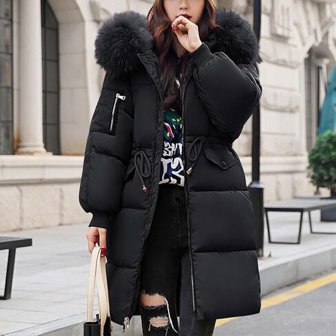 Womens Winter Warm Puffer Coat Thicken Fleece Lined Down Jacket Faux Fur Hooded Parka Padded Jacket with Pockets in Saudi Arabia