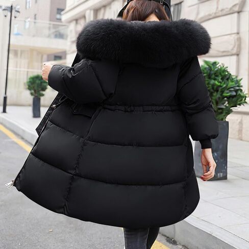 Womens Winter Warm Puffer Coat Thicken Fleece Lined Down Jacket Faux Fur Hooded Parka Padded Jacket with Pockets in Saudi Arabia
