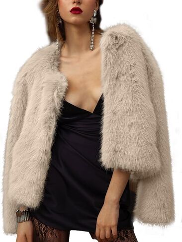 معطف نسائي من الفرو الصناعي من Shiyifa بأكمام طويلة جاكيت قصير من الصوف مفتوح من الأمام أشعث دافئ قصير للخريف والشتاء ملابس خارجية in Kuwait