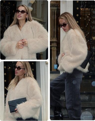 معطف نسائي من الفرو الصناعي من Shiyifa بأكمام طويلة جاكيت قصير من الصوف مفتوح من الأمام أشعث دافئ قصير للخريف والشتاء ملابس خارجية in Kuwait