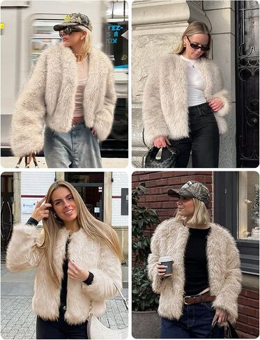 معطف نسائي من الفرو الصناعي من Shiyifa بأكمام طويلة جاكيت قصير من الصوف مفتوح من الأمام أشعث دافئ قصير للخريف والشتاء ملابس خارجية in Kuwait