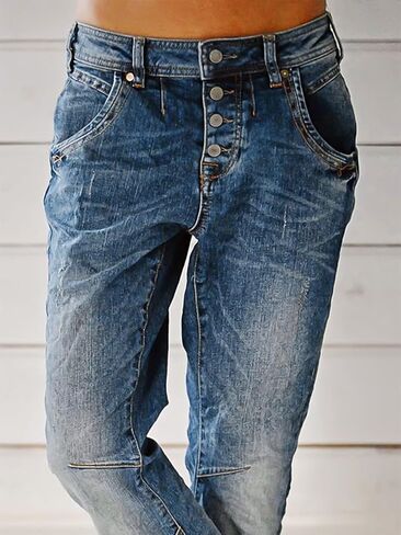Flamingals Women's Stretchy Straight Leg Casual Low Rise Jeans Wash Button Fly Stitch Detail 90s Trendy Denim Jeans in Kuwait