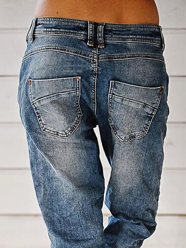 Flamingals Women's Stretchy Straight Leg Casual Low Rise Jeans Wash Button Fly Stitch Detail 90s Trendy Denim Jeans in Kuwait