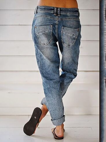 Flamingals Women's Stretchy Straight Leg Casual Low Rise Jeans Wash Button Fly Stitch Detail 90s Trendy Denim Jeans in Kuwait