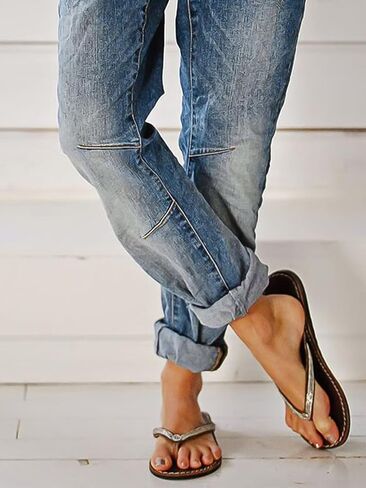 Flamingals Women's Stretchy Straight Leg Casual Low Rise Jeans Wash Button Fly Stitch Detail 90s Trendy Denim Jeans in Kuwait