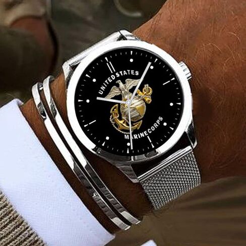 Marines Emblem Watch with Large Polished Chrome Case and Adjustable Stainless Steel Mesh Band in Saudi Arabia