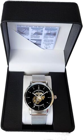Marines Emblem Watch with Large Polished Chrome Case and Adjustable Stainless Steel Mesh Band in Saudi Arabia