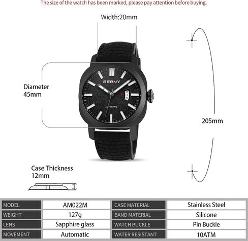 BERNY Men's Japanese Automatic Mechanical Watch, Self Winding Watches, Water Proof 10ATM, Sapphire Glass Scratch Resistant, Super Luminous with Date(No Battery Required) in Saudi Arabia