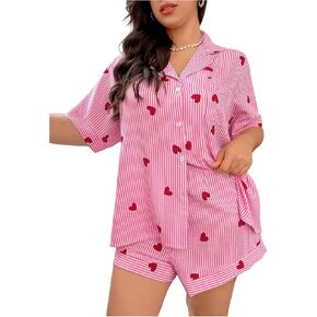 Verdusa Women's Plus Size 2 Piece Heart Striped Pajama Set Button Up Collared Shirts with Shorts Loungewear in Kuwait
