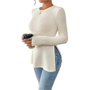 Women's Ribbed Knit Long Sleeve Split T Shirts Crewneck Fuzzy Fitted Tee Tops Elegant Top in Saudi Arabia