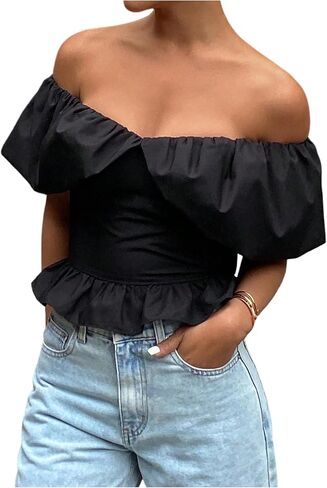 SHENHE Women's Off The Shoulder Top Puff Sleeve Ruffle Slim Fit Going Out Dressy Crop Blouse in Saudi Arabia