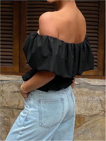 SHENHE Women's Off The Shoulder Top Puff Sleeve Ruffle Slim Fit Going Out Dressy Crop Blouse in Saudi Arabia