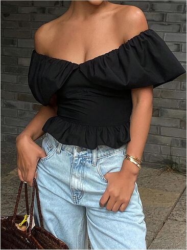 SHENHE Women's Off The Shoulder Top Puff Sleeve Ruffle Slim Fit Going Out Dressy Crop Blouse in Saudi Arabia