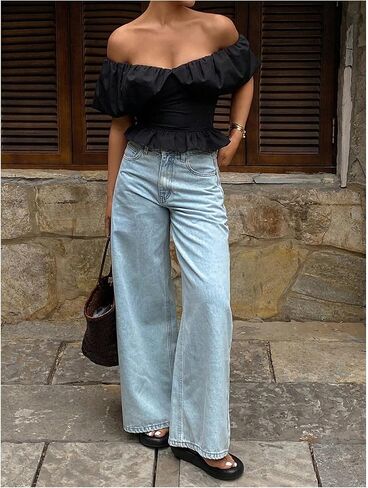 SHENHE Women's Off The Shoulder Top Puff Sleeve Ruffle Slim Fit Going Out Dressy Crop Blouse in Saudi Arabia