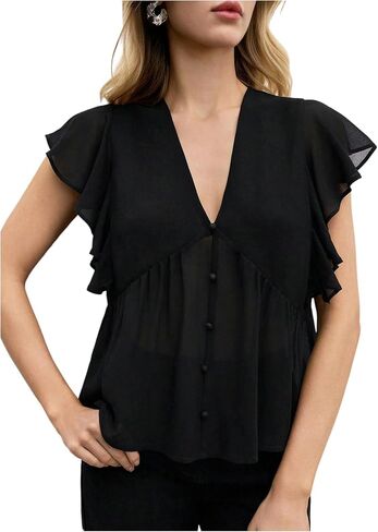 SweatyRocks Women's Sheer Mesh V Neck Cap Sleeve Summer Loose Blouse Shirt Tops in Saudi Arabia