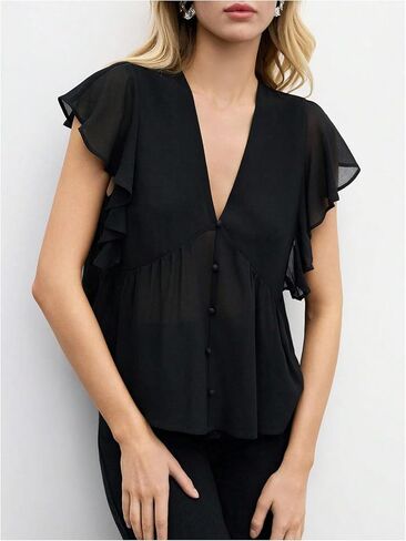 SweatyRocks Women's Sheer Mesh V Neck Cap Sleeve Summer Loose Blouse Shirt Tops in Saudi Arabia