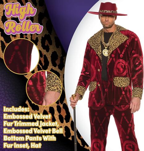 UNDERWRAPS Mens Pimp Costume Suit - Pimp Adult Halloween Costumes for Men, Embossed Velvet Jacket & Bell Bottoms with Hat in Saudi Arabia