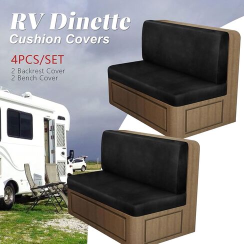 أغطية وسائد جلدية بمظهر RV Dinette، أغطية وسائد قابلة للتمدد لأريكة السفر ومقعد RV، واقي كرسي أريكة التخييم البديل (2 غطاء مسند ظهر و2 غطاء مقعد، أسود) in Kuwait