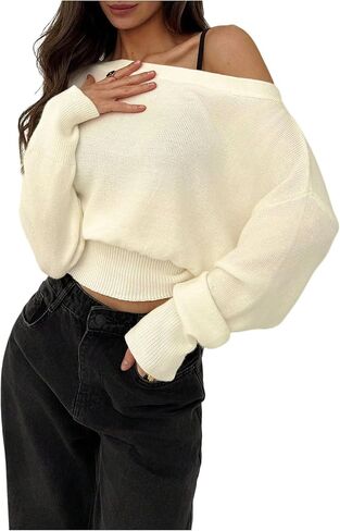 Women's Off The Shoulder Sweater Long Sleeve Knit Pullover Tops Trendy Fall Outfits in Saudi Arabia