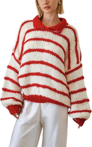 Lentta Womens Striped Sweater Crewneck Drop Shoulder Long Balloon Sleeve Oversized Knit Pullover in Saudi Arabia