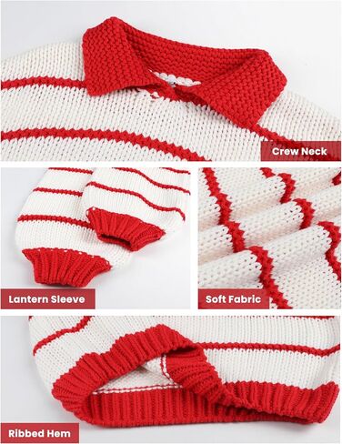 Lentta Womens Striped Sweater Crewneck Drop Shoulder Long Balloon Sleeve Oversized Knit Pullover in Saudi Arabia
