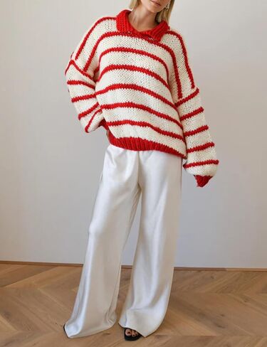 Lentta Womens Striped Sweater Crewneck Drop Shoulder Long Balloon Sleeve Oversized Knit Pullover in Saudi Arabia