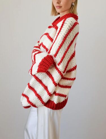 Lentta Womens Striped Sweater Crewneck Drop Shoulder Long Balloon Sleeve Oversized Knit Pullover in Saudi Arabia